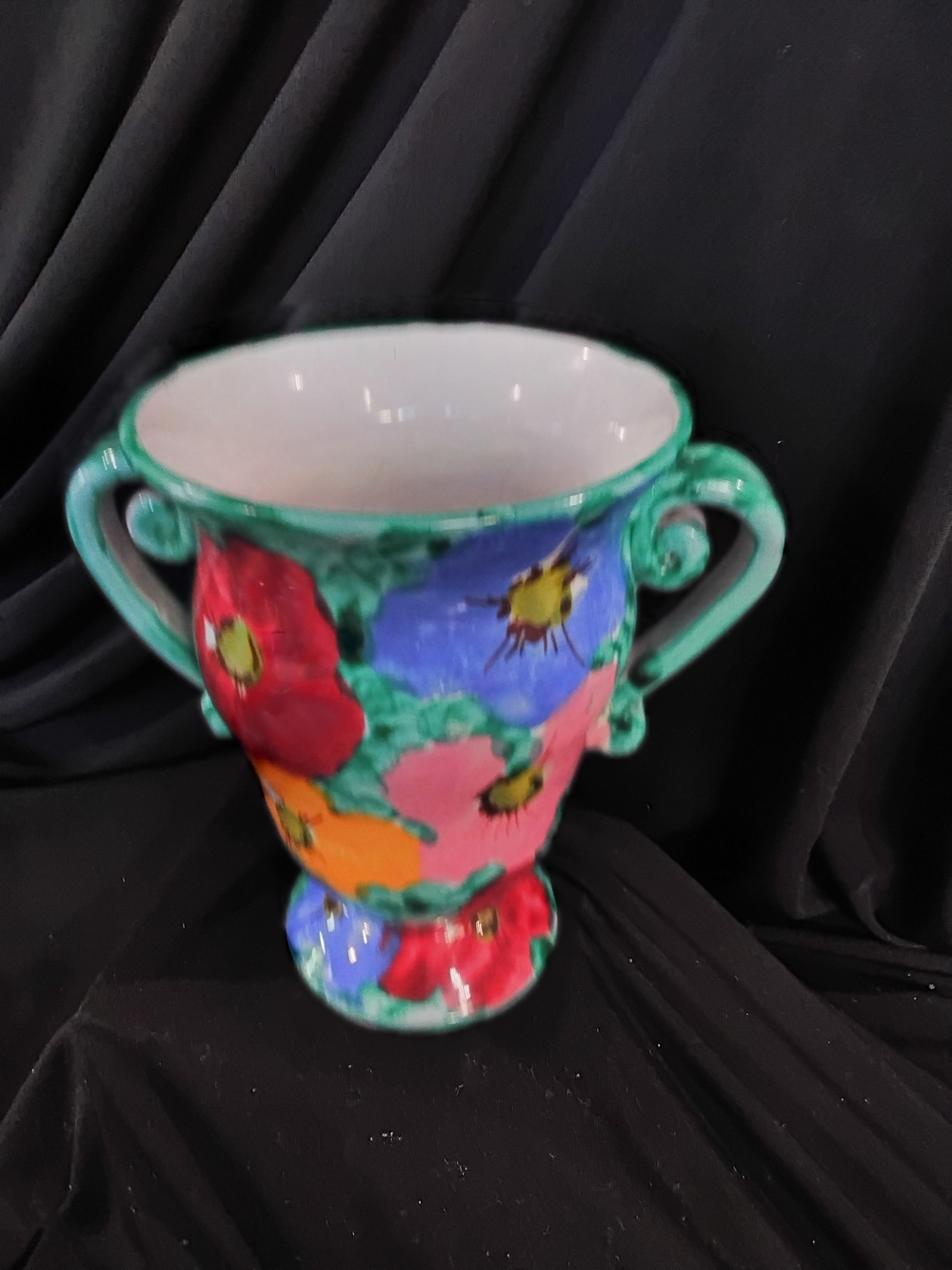 Hand-Painted Floral Ceramic Vase in Turquoise with Multicolor Blooms